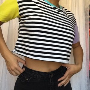 Yellow and purple sleeve, stripped croptop.